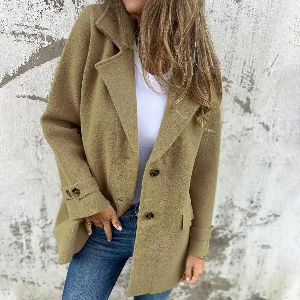 Women Wool Blend Coat 2024 Fall Lapel Single Breasted Mid Length Trench Coat Jacket Open Front Solid Long Sleeve Jacket