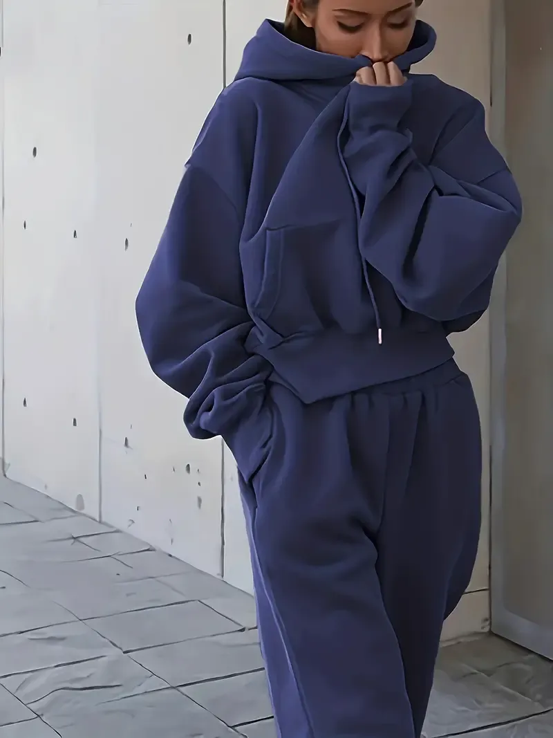 2PCS Oversized Athleisure Set: Solid Hooded Pocket Drawstring Sweatshirts & Sweatpants Sets for Women, Plus Size Comfortable Clothing