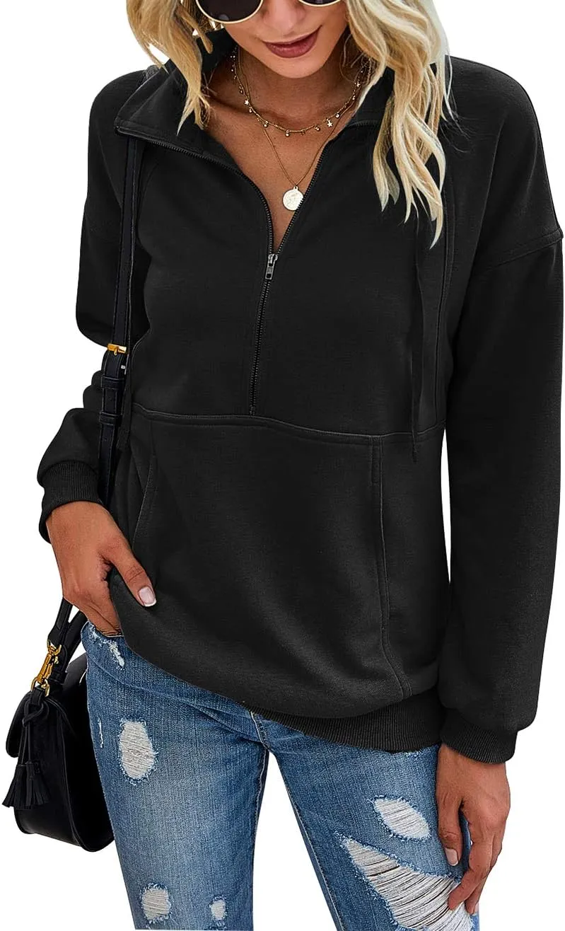 Women's Casual Long Sleeve Lapel Zipper Sweatshirt Drawstring Loose Pullover Tops