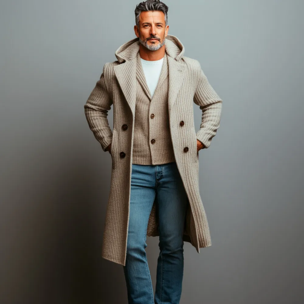 Men's Daily Knitted Double Breasted Pocket Long Sleeve Hooded Overcoat