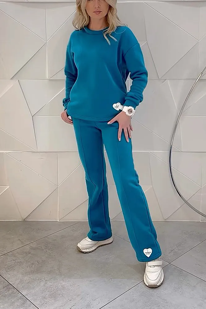 Women's solid color round neck top and pants two-piece set