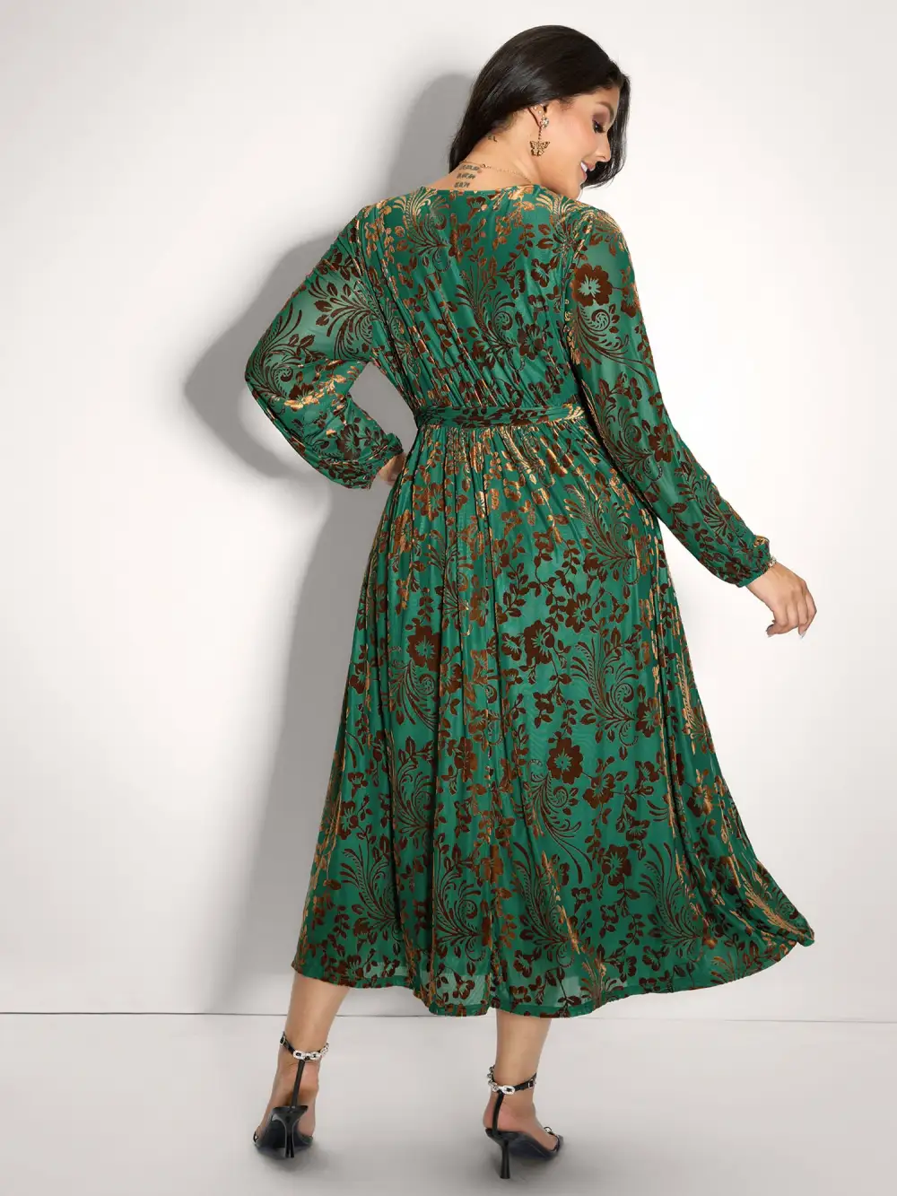 Laser-Cut Velvet Waist-Tie Midi Dress