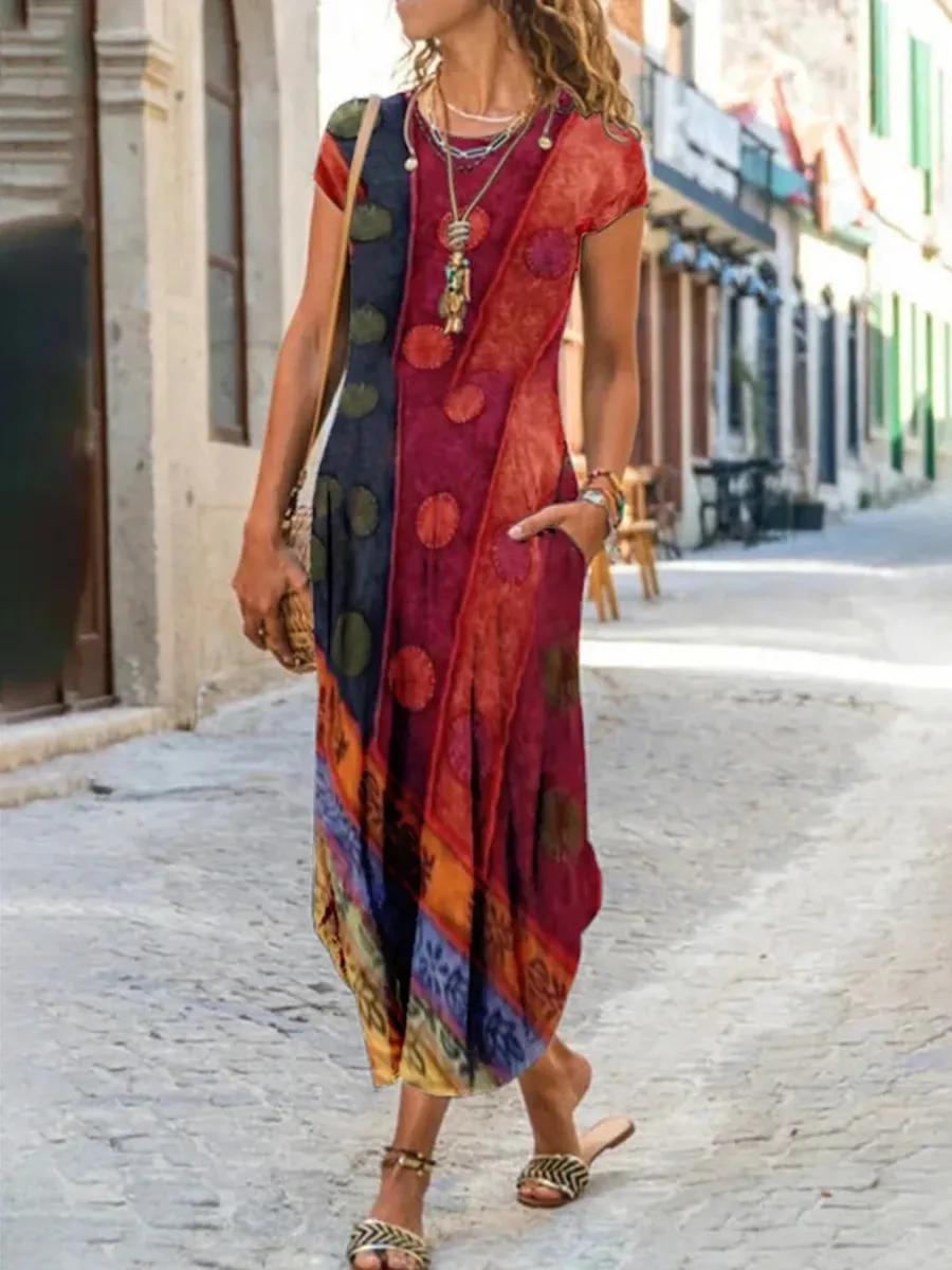 Vintage Print Cotton-Blend Short Sleeve Maxi Dresses