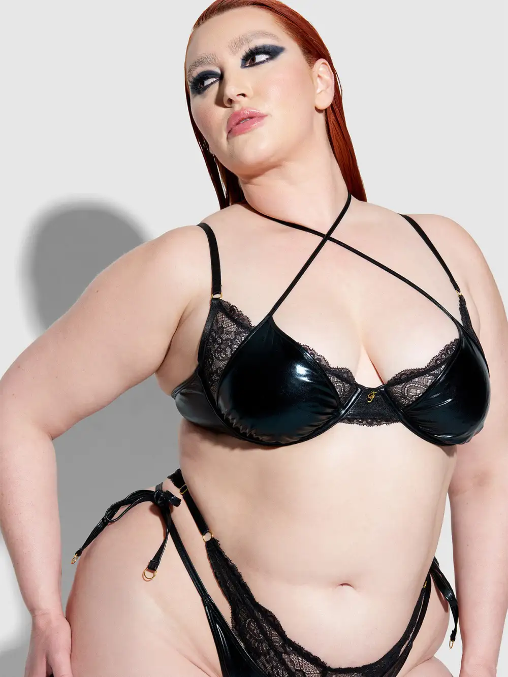 Frederick's Of Hollywood Onyx Leather & Lace Underwire Swim Top