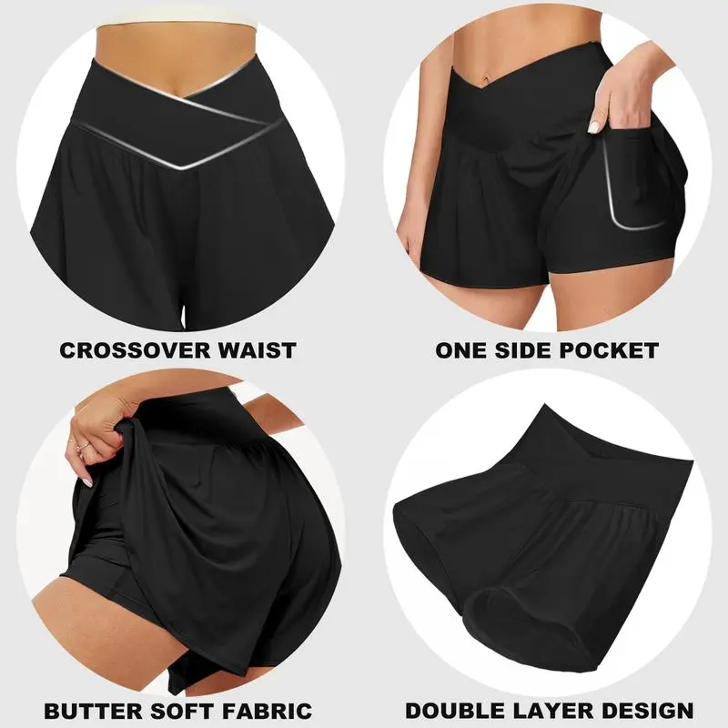 Women’s 2-in-1 Crossover Running Shorts – Flowy Athletic Skorts with Pockets & Spandex Liner