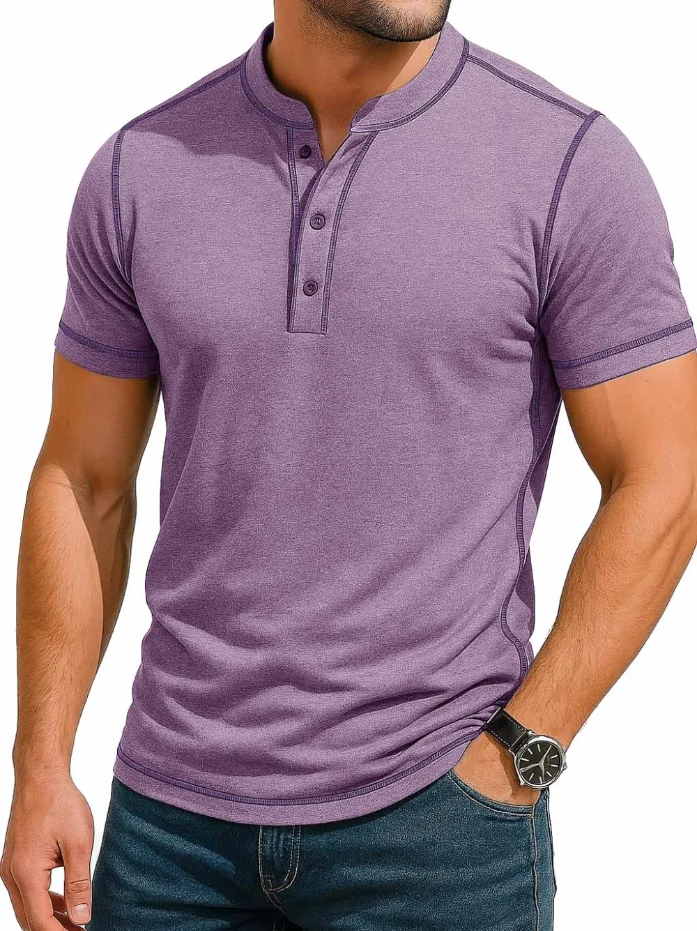 Men's Fashion Retro Contrast Color Line Short Sleeve Henley Shirt 