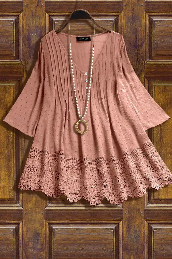 Solid Jacquard V-Neck Lace Patchwork Shirt