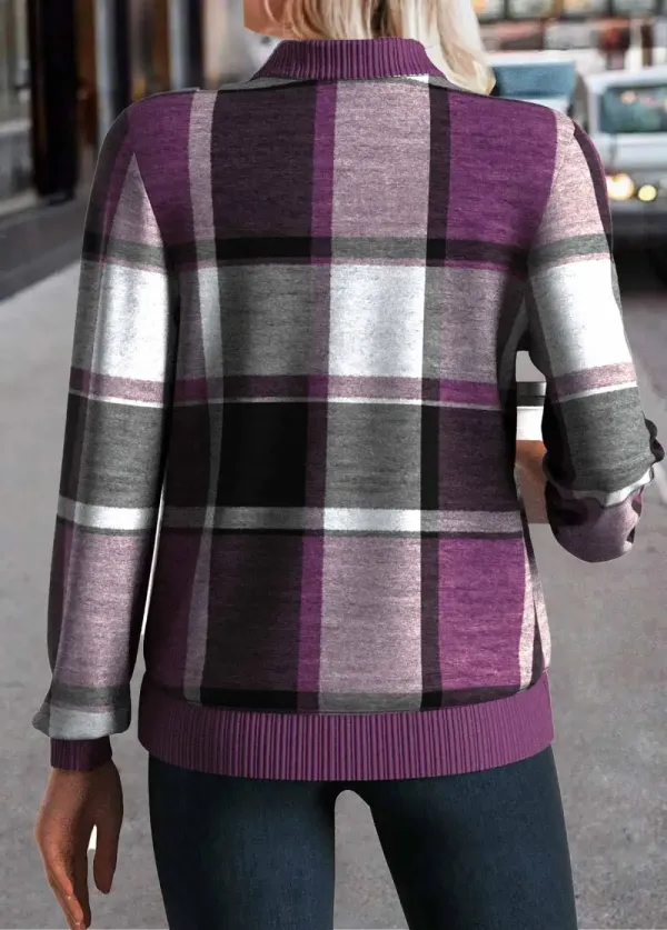 Purple Zipper Plaid Long Sleeve Stand Collar Jacket