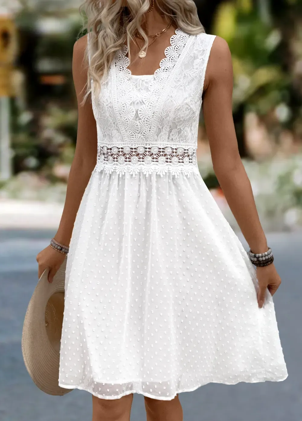 White Patchwork Sleeveless V Neck Dress