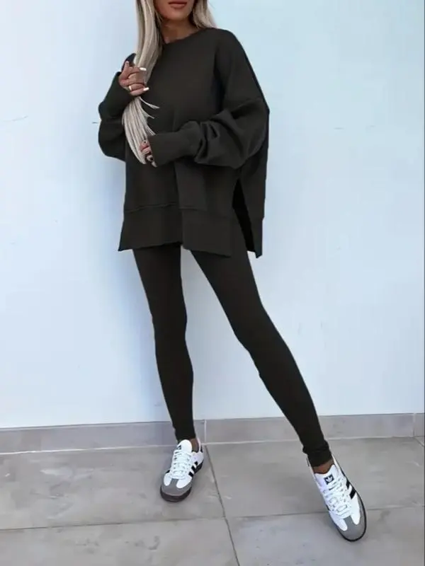 Women's Solid Drop Shoulder Sweatshirt & Pants Set – Casual, Cozy, All-Season Sportswear