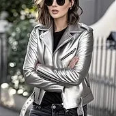 Women's Faux Leather Jacket Comfortable Full Zip Fashion Street Style Plain Outdoor Casual Daily Regular Turndown Regular Fit Long Sleeve Outerwear Silver Black Pink Spring Fall