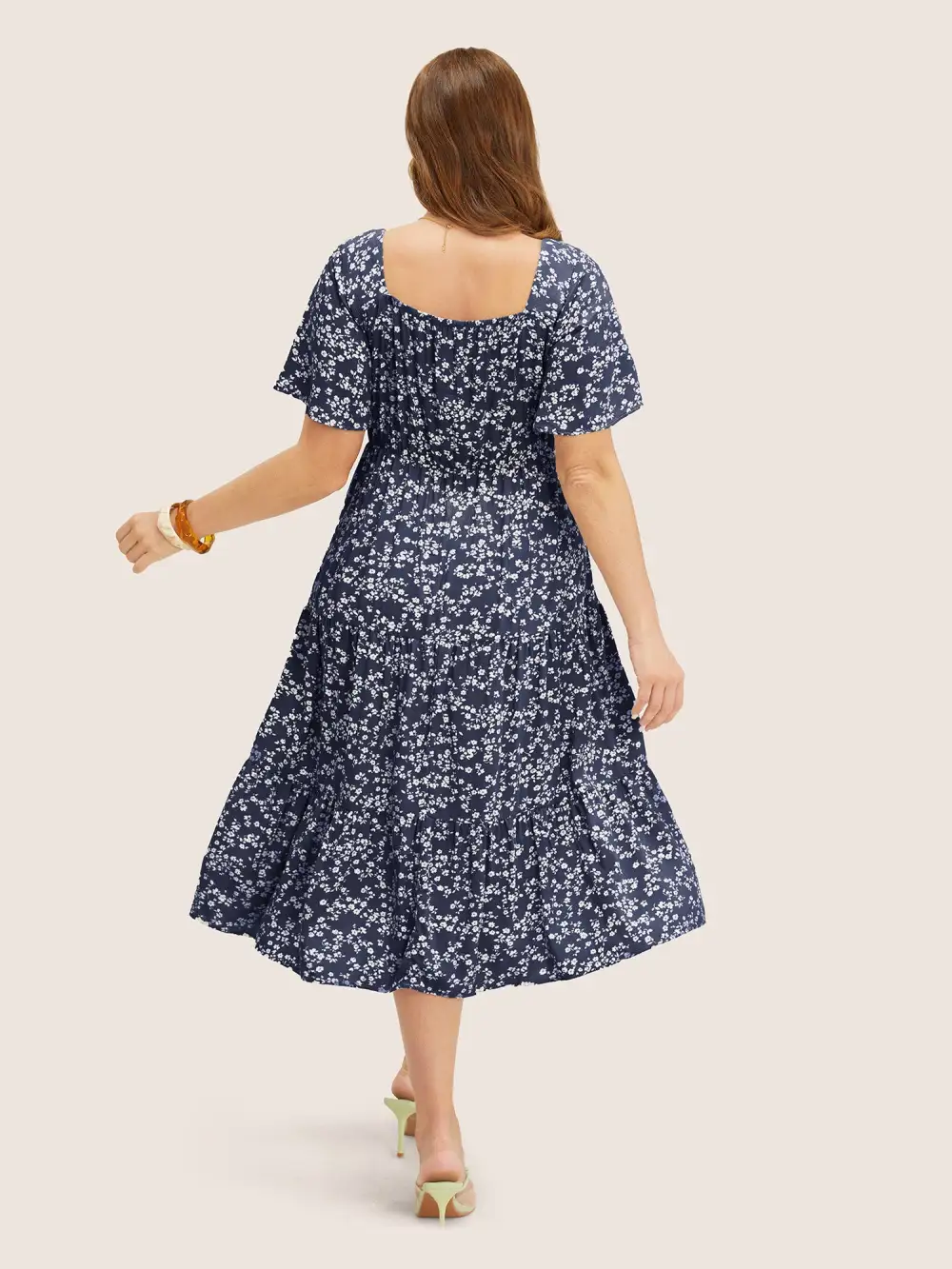 Ditsy Floral Sweetheart Drawstring Pocket Tiered Dress