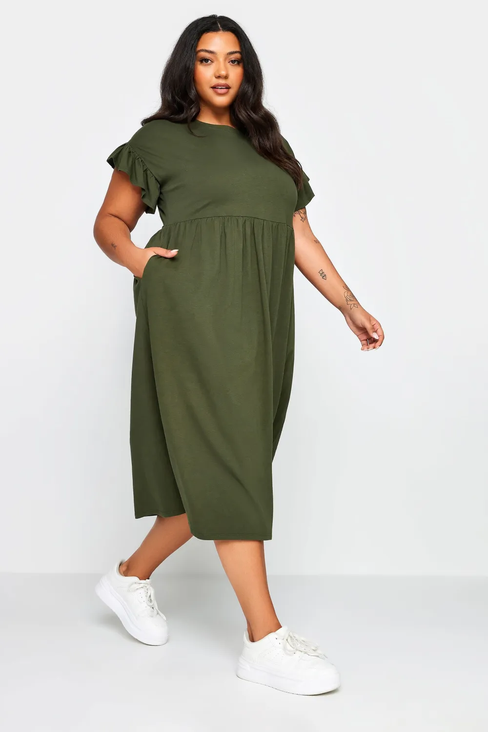 YOURS Curve Black Pure Cotton Frill Sleeve Midaxi Dress