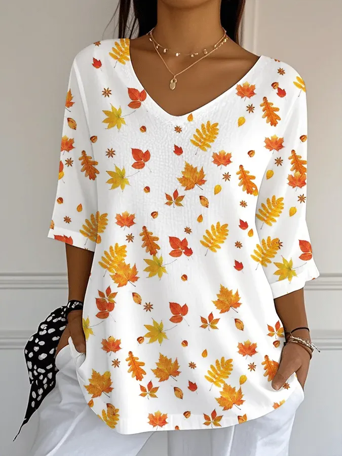 Women's Autumn Maple Leaf Print Jacquard Fabric Casual V-Neck Top