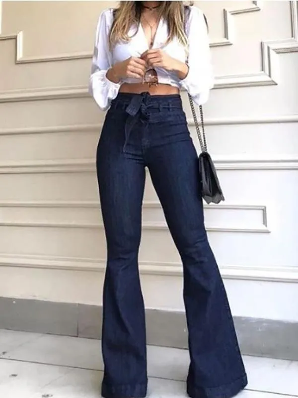 Jeans feminino de cintura alta micro-elástico com cadarço