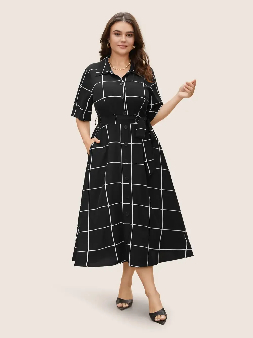 Plaid Shirt Collar Button Detail Belted Dress