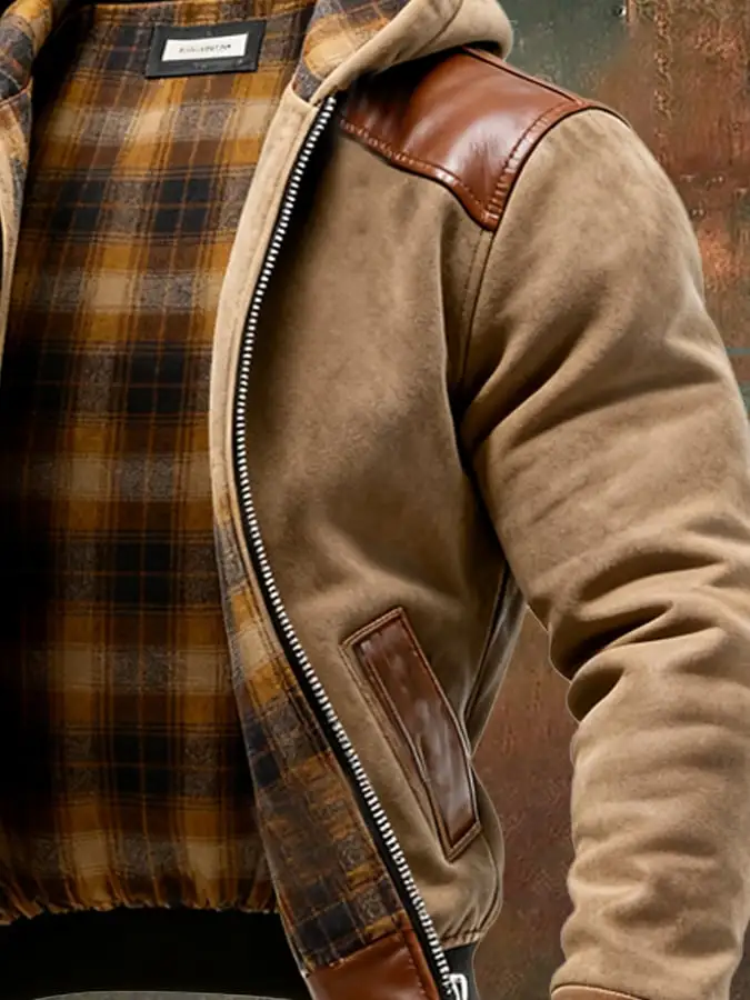 Men's Vintage Suede and Plaid Lining Multi-Pocket Outdoor Jacket