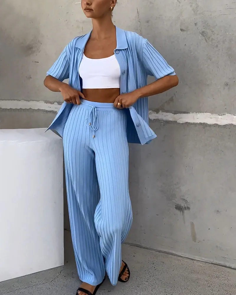 Blue Lapel Button Knit Two-Piece Set