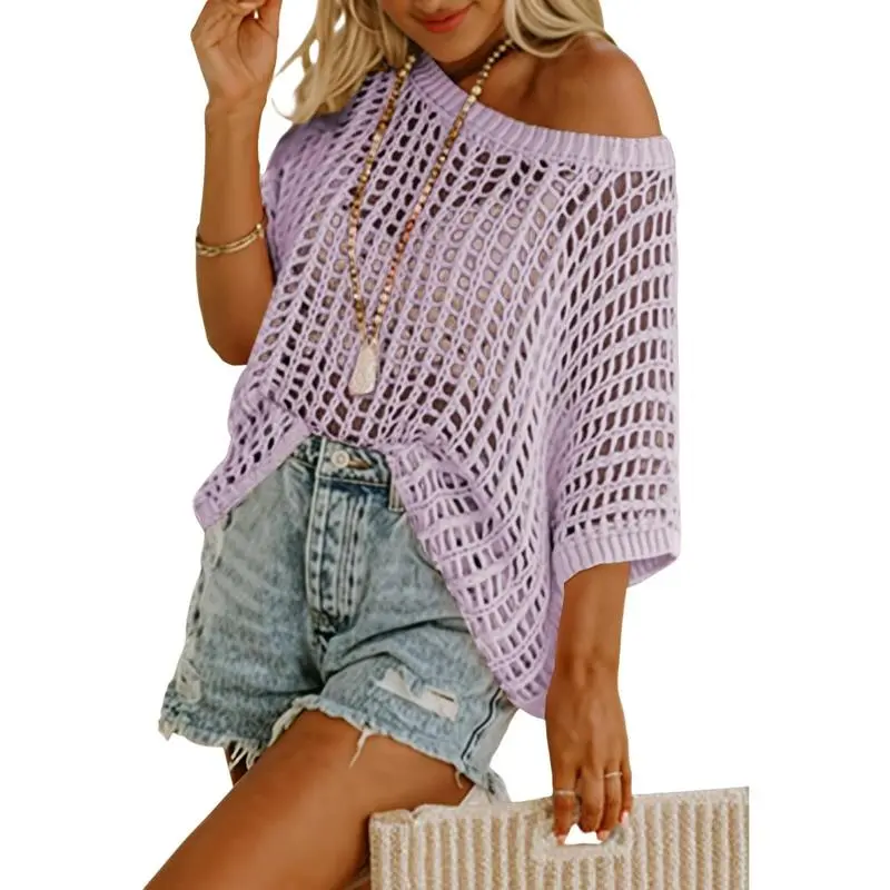 Women's Crochet Knit Short Sleeve Top – Summer Beach Cover-Up