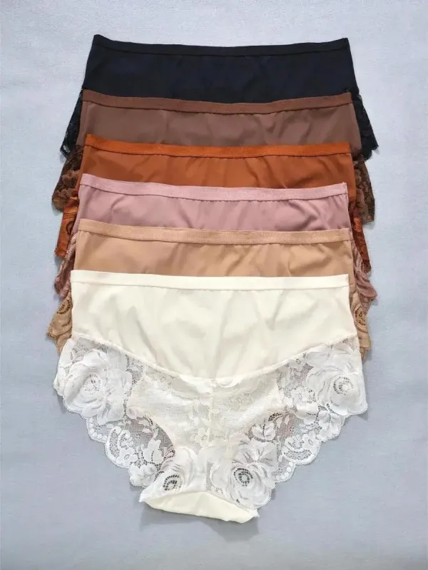 6pcs Plus Size Breathable Lace Trim Sexy Bikini Panties