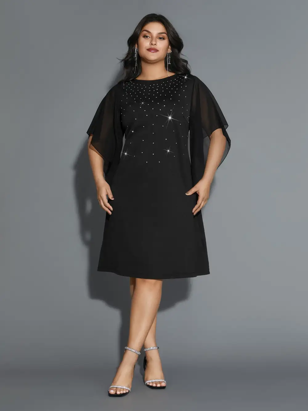 Rhinestone Ruffle Sleeve Mesh Patchwork Dress