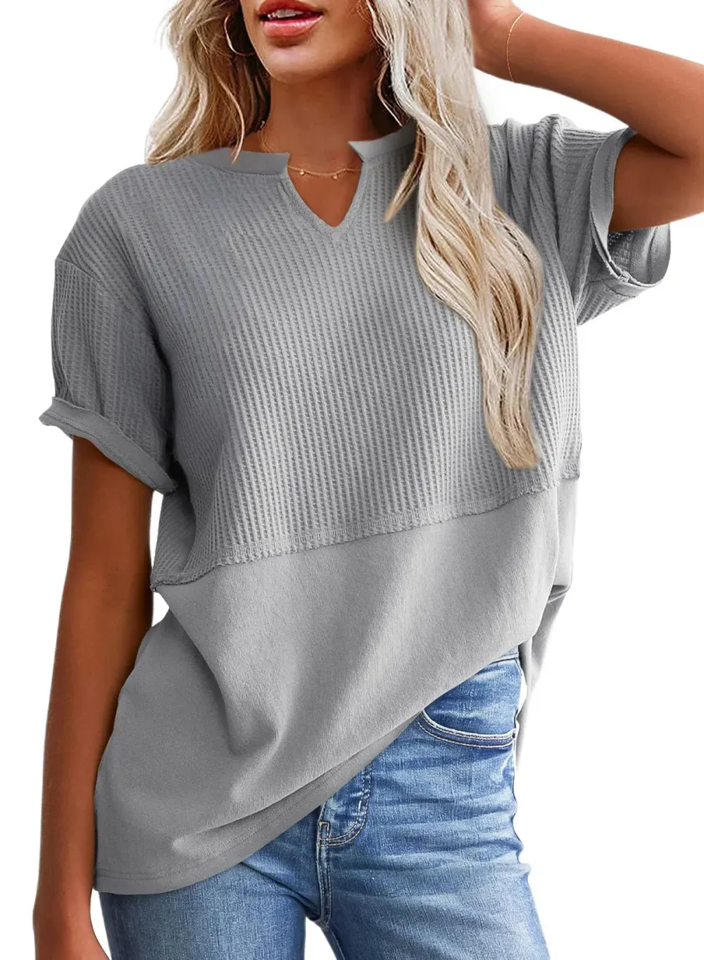 ✨Women's Casual V Neck Waffle Knit Tops Short Sleeve T Shirts