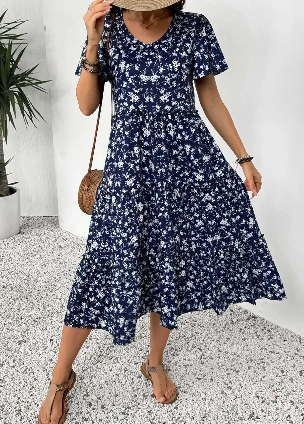 Navy Ditsy Floral Print Short Sleeve V Neck Dress