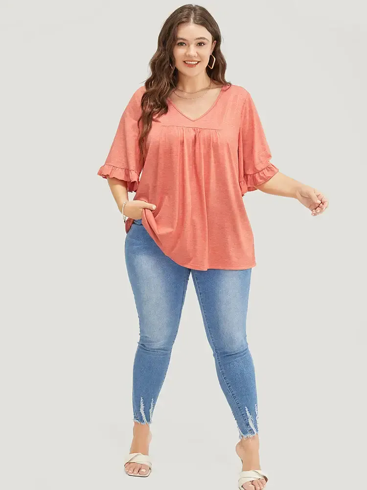 Solid Gathered Ruffle Trim Flounce Sleeve T-shirt