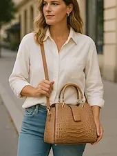 Women's Croc-Embossed Top-Handle Satchel – Structured Medium Tote Handbag with Detachable Crossbody Strap, Zip Accents & Gold Hardware for Work, Office, Travel & Everyday