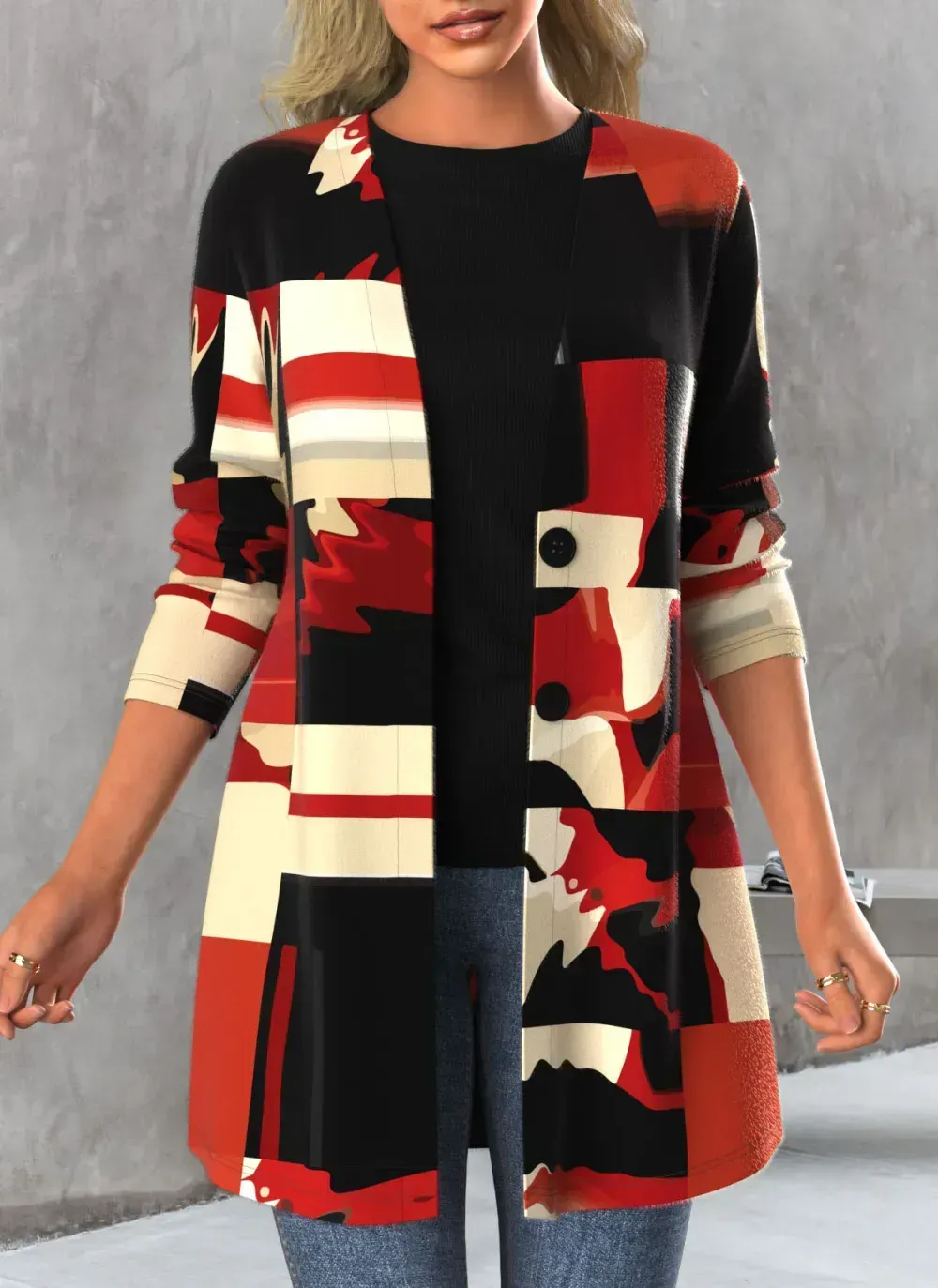 Black Button Contrast Color Long Sleeve Cardigan