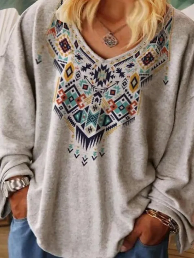 Women's T shirt Tee Tribal Print Long Sleeve Daily Vacation Streetwear Holiday Casual V Neck Regular Fit Fall Winter Fall & Winter