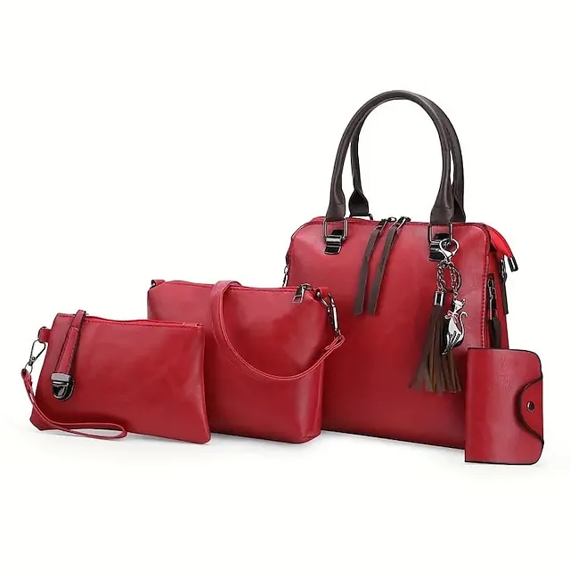Women's Tote Bag Set Boston Bag PU Leather Shopping Daily Zipper Adjustable Large Capacity Waterproof Solid Color Black Pink Red