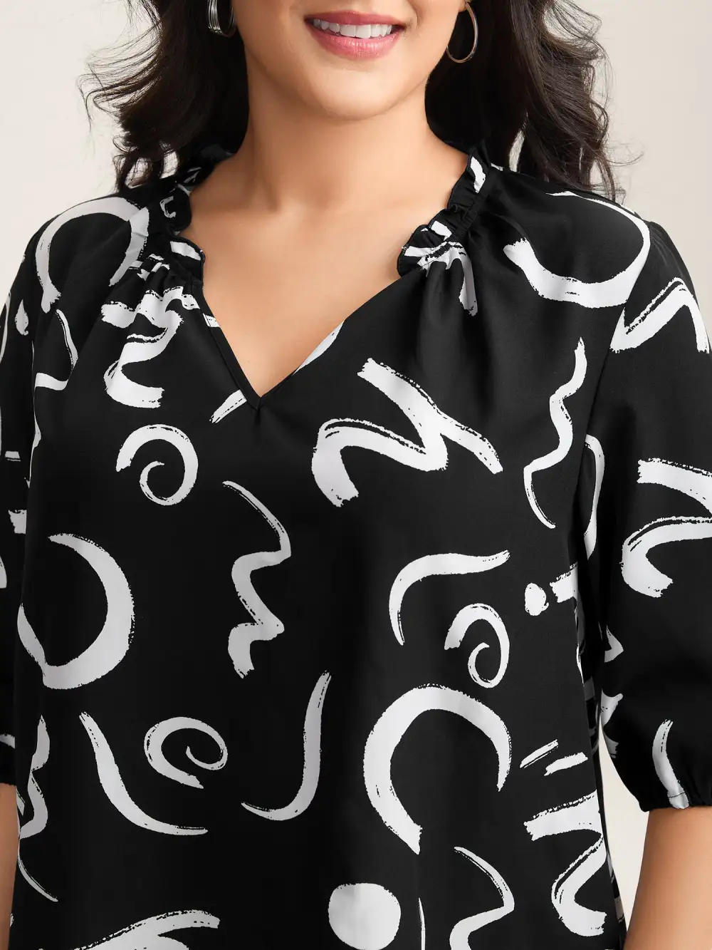 Scribble Print Ruffled Split Neck Blouse