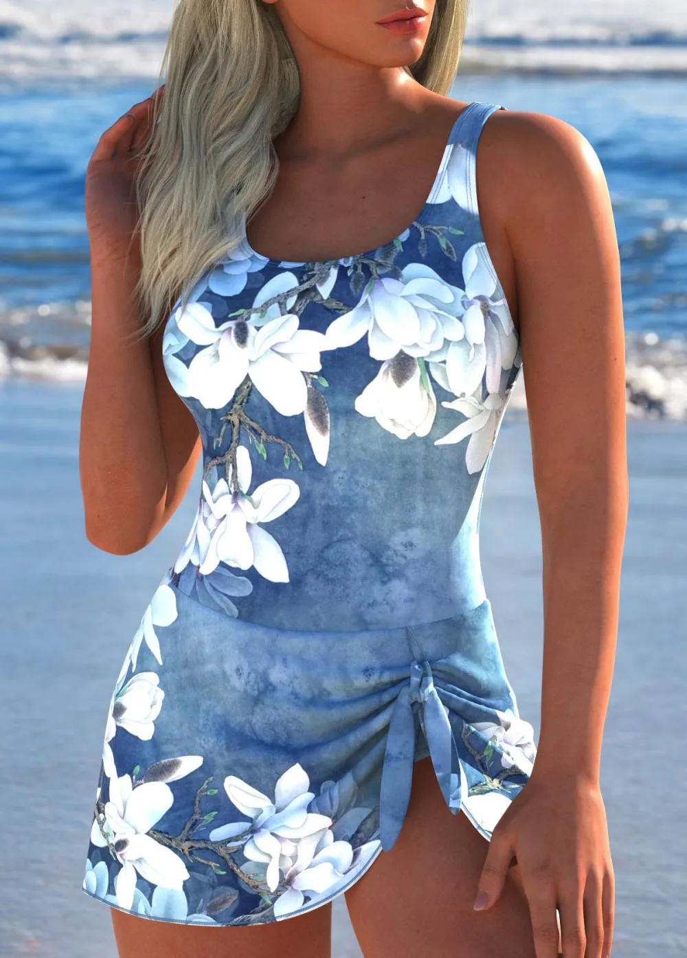 Tie Denim Blue Floral Print One Piece Swimdress