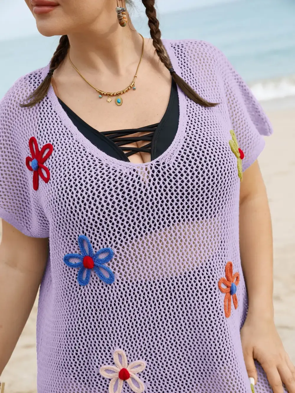 Stereo Flower Design Slit Hem Swim Cover Up