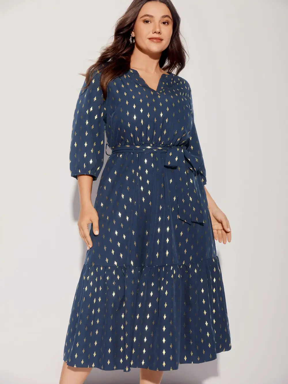 Glitter Notched Lantern Sleeve Midi Dress