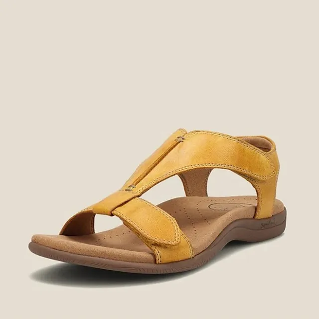 Women's Sandals Flat Sandals Comfort Shoes Plus Size Outdoor Office Daily Summer Flat Heel Open Toe Casual Walking Shoes PU Leather Magic Tape Solid Colored Black Yellow Red