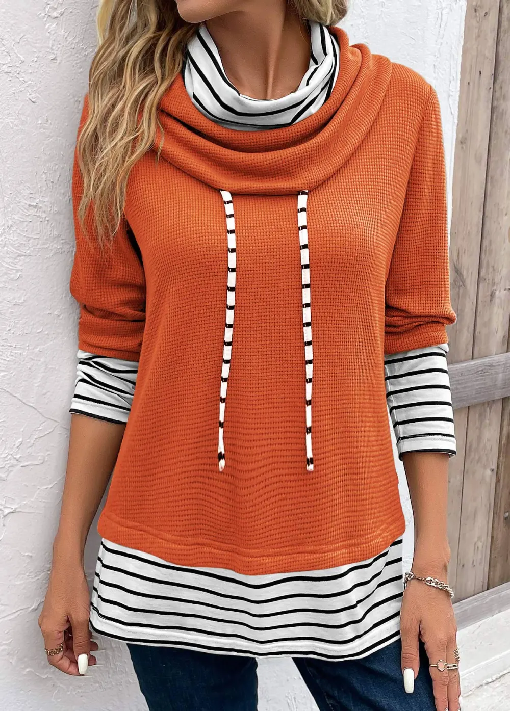 Orange Patchwork Striped Long Sleeve Cowl Neck Sweatshirt