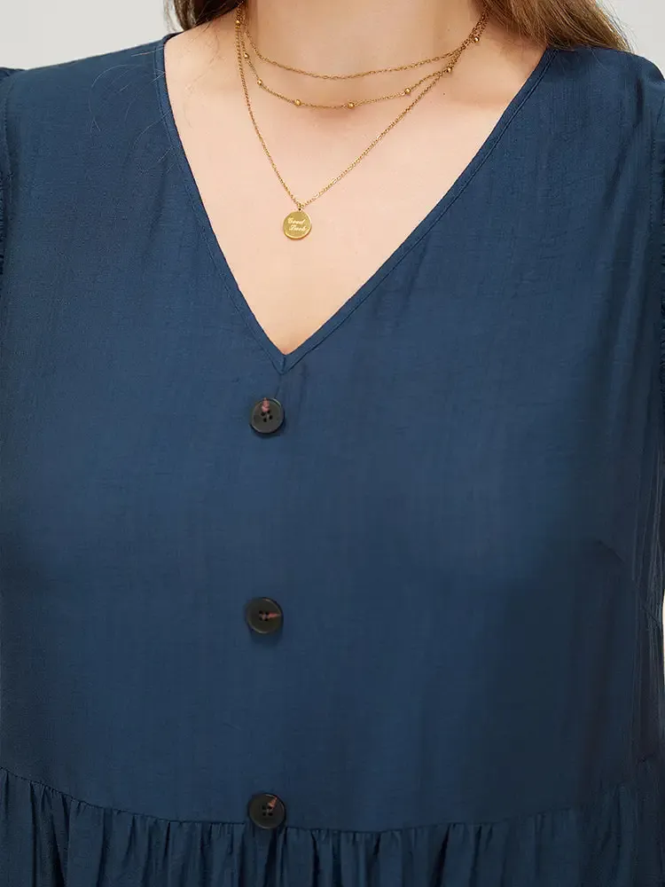 Plain Pocket Button Detail Ruffle Layered Hem Dress