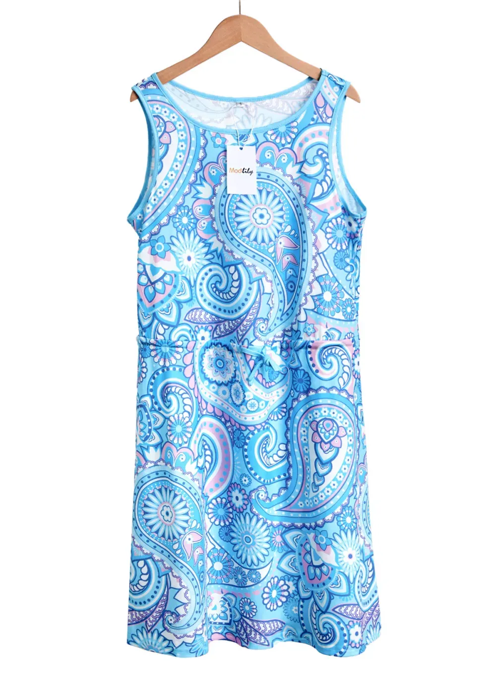 Light Blue Drawstring Paisley Print Short Sleeveless Dress