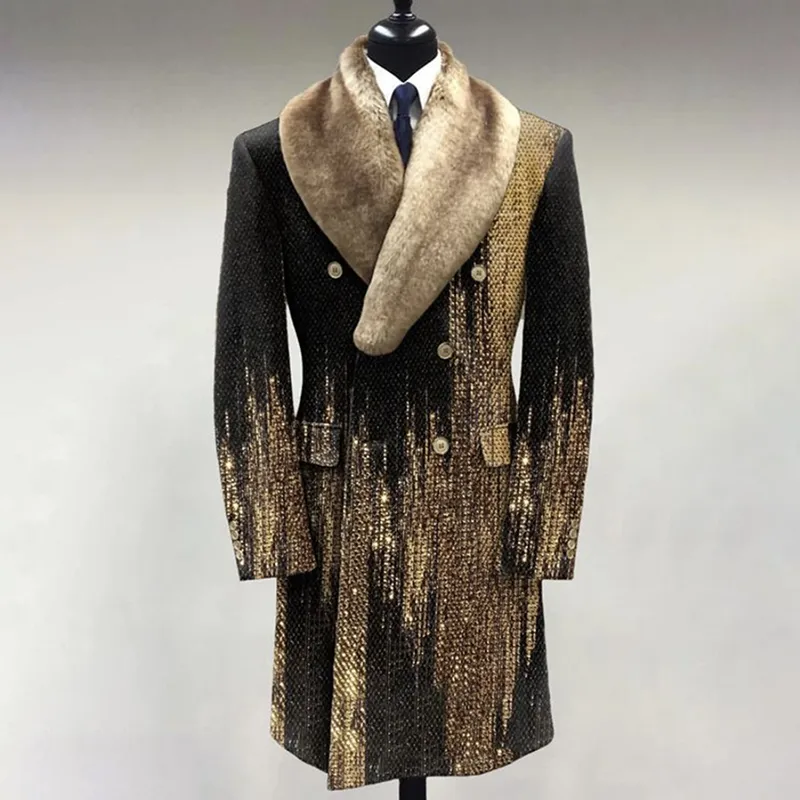 Men’'s Casual Fur Lapel Collar Graphic Pattern Long Sleeve Coat