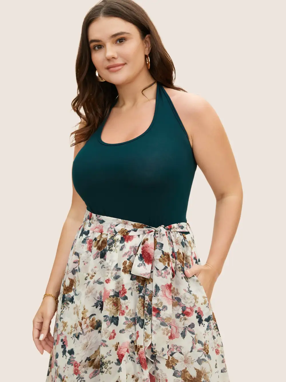 Halter Neck Patchwork Floral Belted Dress