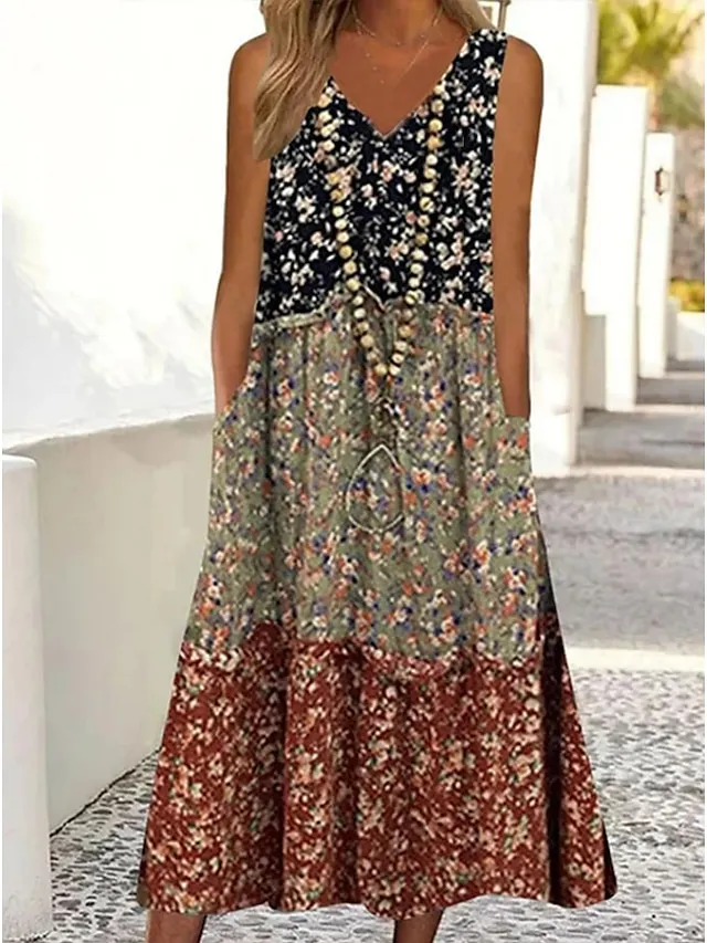 Women's Casual Dress Tank Dress Floral Dress Floral Ditsy Floral Pocket Print Strap Midi Dress Active Fashion Outdoor Daily Sleeveless Loose Fit Black Wine Blue Summer Spring S M L XL XXL