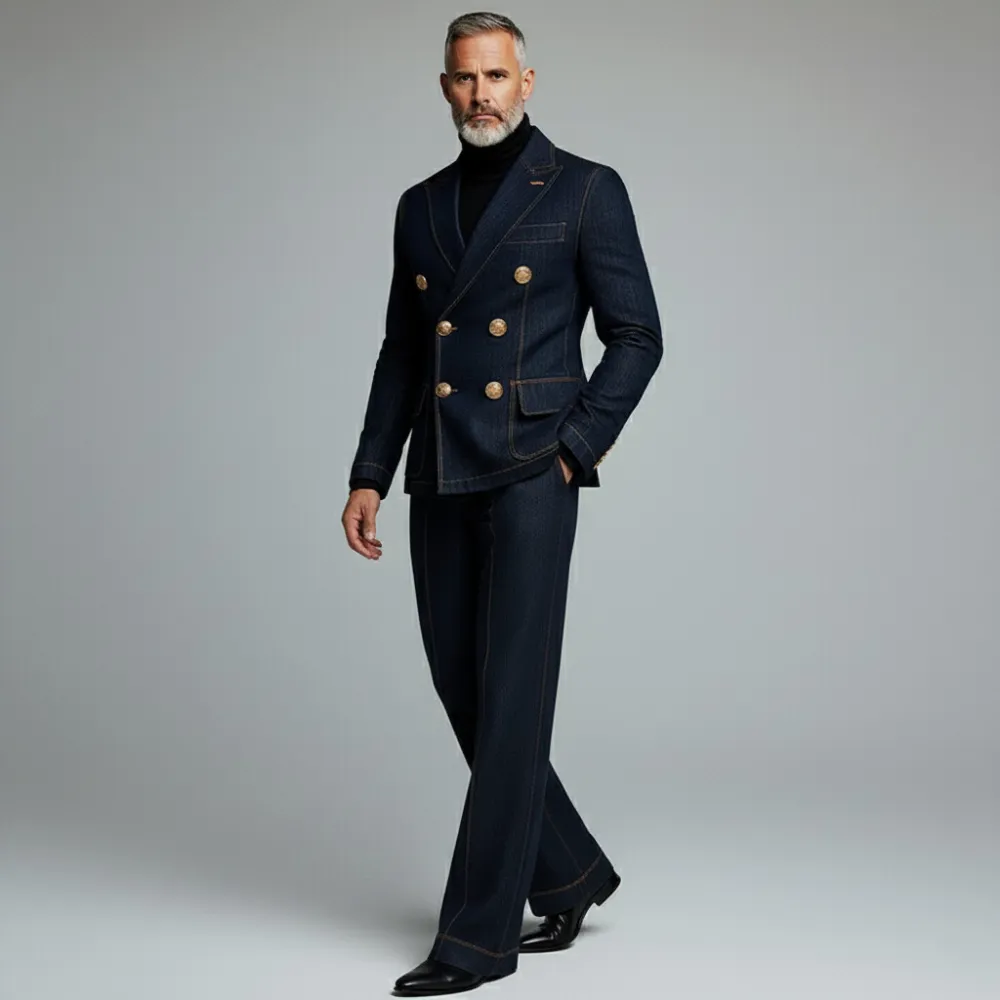 Men's Navy Blue Denim Double Breasted Contrast Stitched Flap Pockets Blazer & Jeans 2Pcs Set
