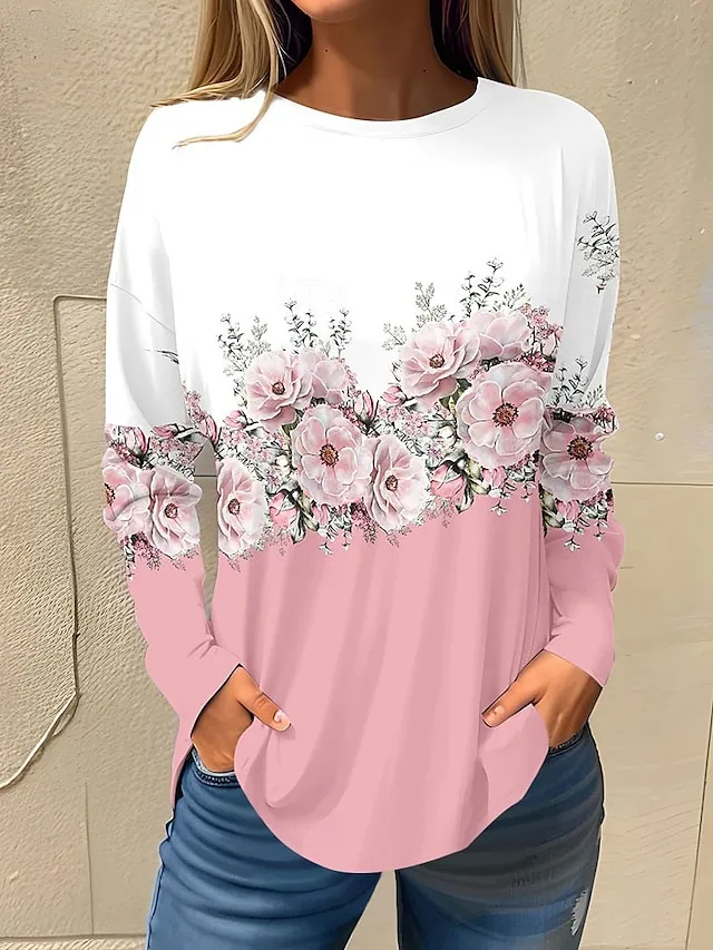 Women's T shirt Tee Floral Print Holiday Weekend Basic Long Sleeve Round Neck White Fall & Winter