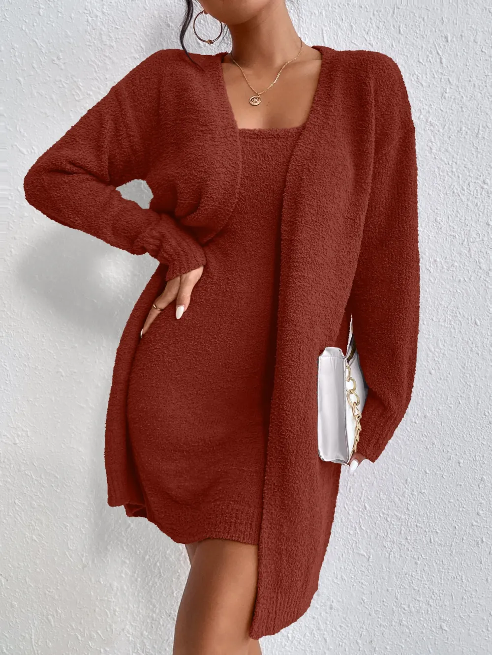 Solid Cami Sweater Dress & Drop Shoulder Cardigan