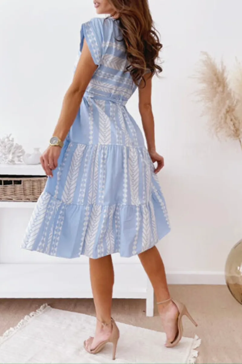 Casual Print Split Joint O Neck Waist Skirt Dresses(3 colors)
