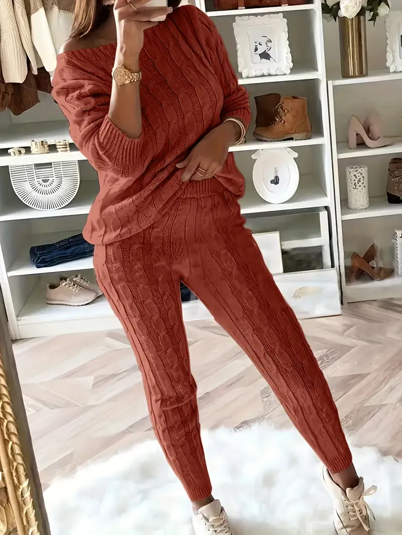 Solid Knitted Matching Two-piece Set, Casual Long Sleeve Sweater & Pants Outfits, Women's Clothing
