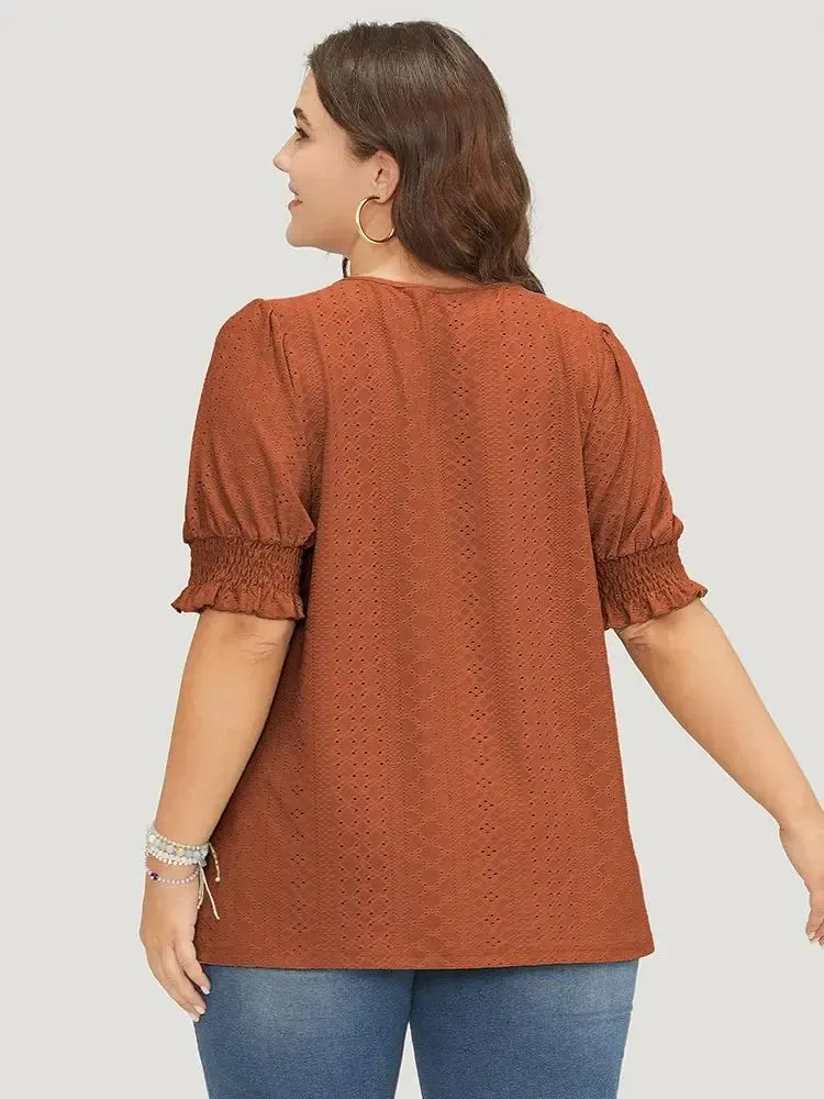 Plain Broderie Anglaise Shirred Puff Sleeve Button Detail T-shirt