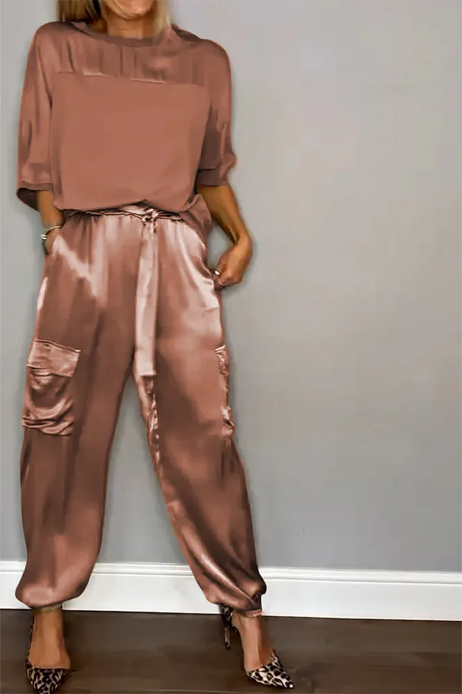 Women's Smooth Satin Half-sleeved Top and Pant Suit Two-piece